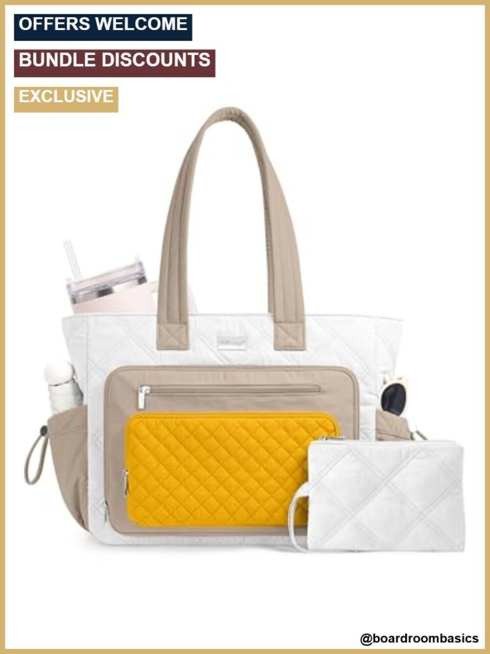 Quilted Nylon Puffer Laptop Tote with Cup Holder for Work